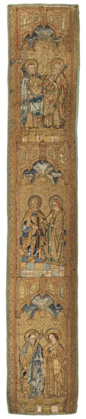 Embroidery on linen with silver- and gold-wrapped threads and polychrome silks, three gothic alcoves are framing the Saints Peter, Paul, Jacob, Barabara (or St. Mary Magdalena) and the Evangelist John. The orphrey was once part of an ecclesiastical chasuble. Damages due to age. Framed.