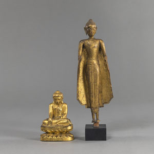 <b>TWO GILT-WOOD FIGURES OF BUDDHA MARAVIJAYA AND STANDING BUDDHA</b>
