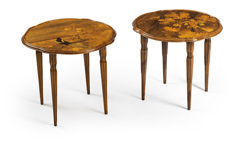 The curved and moulded top with rich ornitological and plant marquetry, both signed 