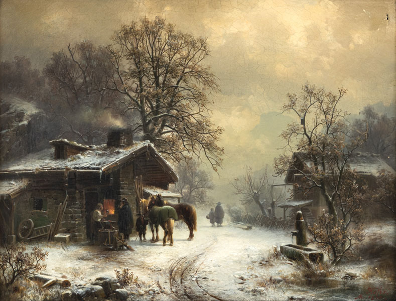 Wintry landscape with a blacksmith's shop and a watermill. Oil/canvas signed and dated 1870.