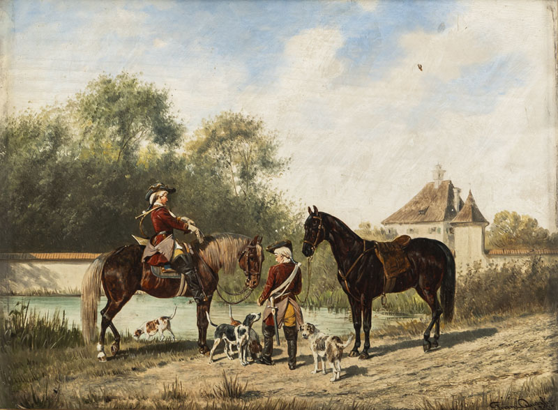 Reiter vor der Parforce Jagd. Öl/Holz, unten rechts signiert und datiert 1895.