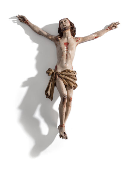 Laubholz, vollrund gearbeitet. Dreinageltypus des Cristo Vivo. Spätere Fassung.  Glasaugen. Rest., best. Alterssch. Finger teils erg.
