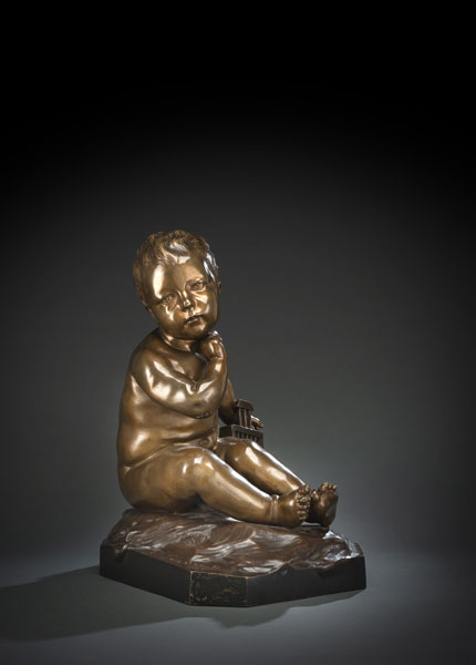 L'Enfant à la cage. Frankreich, 19. Jhdt. Bronze, patiniert, am Sockel bez.: PIGALLE P. 1749. Etwas berieben, Altersspuren.
