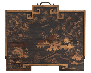 <b>A PAIR OF LACQUER-DECORATED RIVER LANDSCAPE PANELS</b>