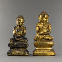 <b>TWO SEATED WOODEN FIGURES OF BUDDHA WITH LACQUER GILDING</b>