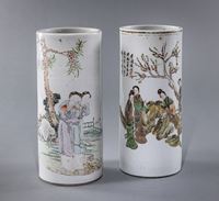 <b>TWO CYLINDRICAL FAMILLE ROSE INSCRIBED PORCELAIN VASES WITH LADIES</b>