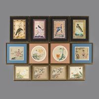 <b>A GROUP OF TWELVE ALBUM LEAVES AND PRINTS DEPICTING FIGURES, FLOWERS AND BIRDS, FRAMED UNDER GLASS</b>