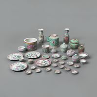 <b>A GROUP OF 35 POLYCHROME PAINTED PERANAKAN (STRAITS CHINESE) PORCELAINS, INCLUDING VASES, TEAPOTS, LIDDED BOWLS, PLATES</b>