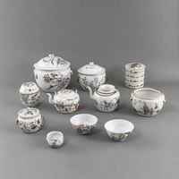 <b>A GROUP OF ELEVEN FAMILLE ROSE PORCELAINS WITH FIGURAL DECORATIONS, INCLUDING LIDDED VESSELS, TEAPOTS, STACKING BOXES, BOWLS</b>
