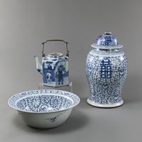 <b>THREE UNDERGLAZE BLUE PORCELAIN PIECES: A BASIN WITH LOTUS TENDRILS, A LIDDED VASE WITH SHUANGXI AND A TEAPOT (WITHOUT LID)</b>