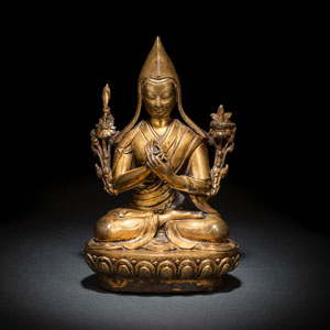 <b>Feuervergoldete Bronze des Tsongkhapa auf einem Lotus</b>
