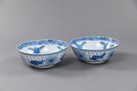 <b>A PAIR OF LARGE PORCELAIN BOWLS WITH UNDERGLAZE BLUE DECORATION OF FISH WITH AQUATIC PLANTS</b>