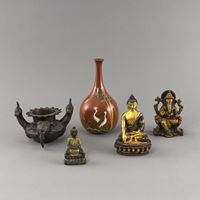 <b>FOUR BRONZES, INCLUDING BUDDHA AND GENESHA, AND A RED-BROWN GLAZED CERAMIC BOTTLE VASE</b>
