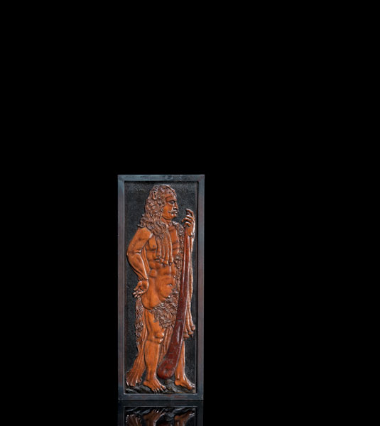 Relief carving of different woods on a guilloche background. Elaborate standing figure of Hercules with club and lion skin. The panel of soft wood. Modern metal frame. Slight age damages.