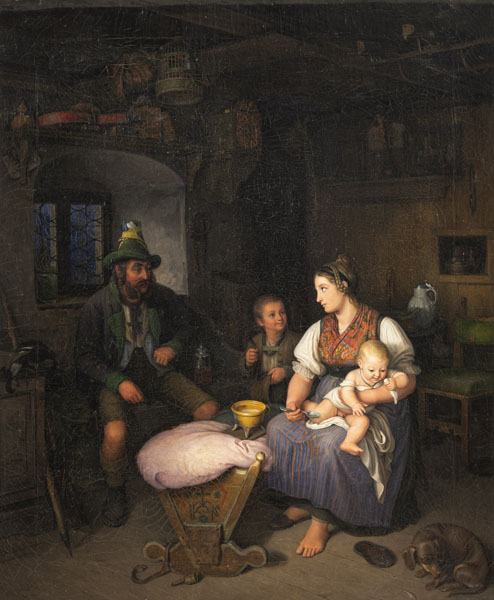 Bauernfamilie in der Stube. Öl/Lwd., doubl., unten links signiert und datiert 1834.