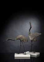 <b>TWO LARGE BRONZE OKIMONO OF CRANES ON MARBLE PLINTHS</b>