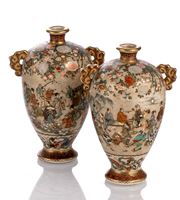 <b>A FINE PAIR OF SATSUMA VASES WITH FIGURAL SCENES AND A KORO</b>