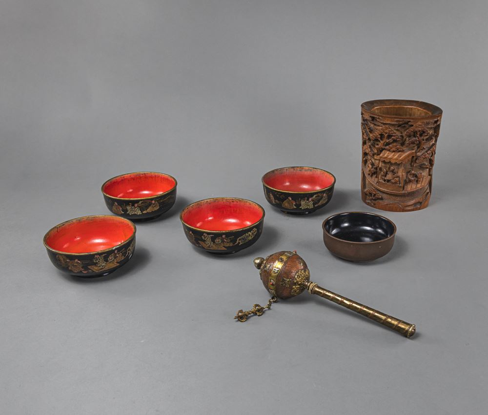 <b>A BAMBOO SCHOLARS IN RELIEF BRUSHPOT, A PRAYER WHEEL, AND FIVE LACQUER BOWLS</b>