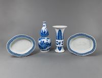 <b>TWO BLUE AND WHITE PORCELAIN VASES AND TWO QUADRILOBED DISHES</b>