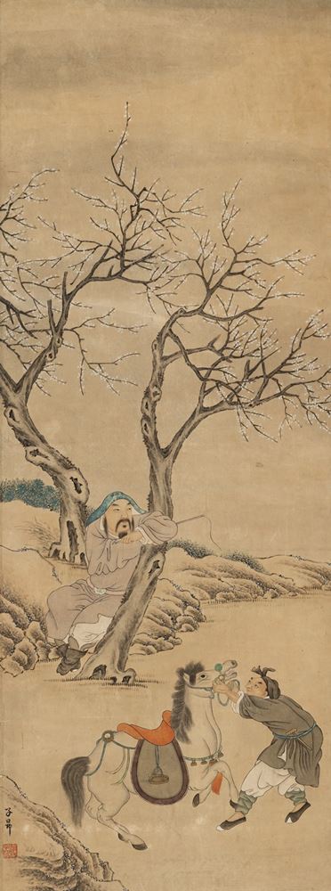 <b>A PAINTING WITH A SCHOLAR RESTING at A TREE AND HIS SERVANT WITH A HORSE. HANGING SCROLL, INK AND COLORS ON PAPER</b>