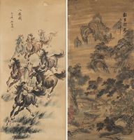<b>TWO HANGING SCROLLS WITH DEPICTIONS OF HORSES AND A LANDSCAPE WITH SCHOLARS</b>