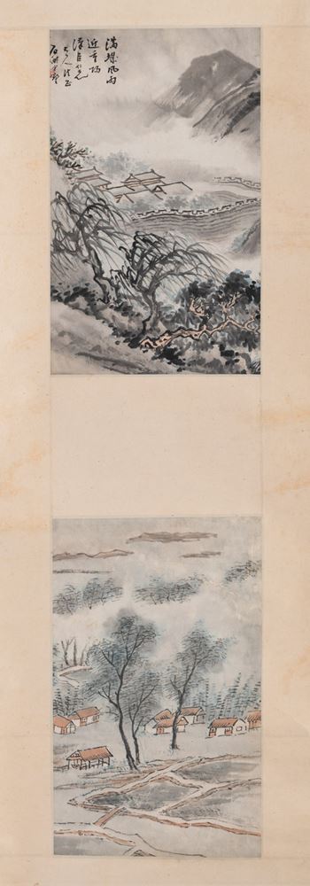 <b>AN INK PAINTING DEPICTING A VILLAGE IN A LANDSCAPE MOUNTED AS HANGING SCROLL</b>