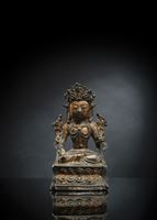 <b>A GILT-LACQUERED BRONZE FIGURE OF GUANYIN ON A LOTUS THRONE</b>