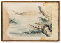 <b>A PAINTING BY WU YONGXIANG (1913-1970) DEPICTING A YOUNG WOMAN IN A BOAT PLAYING A FLUTE, INK AN COLOURS ON PAPER</b>