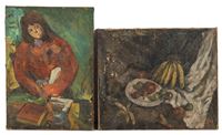 <b>TWO OIL PAINTINGS ON CANVAS: A PORTRAIT OF A LADY AND A FRUIT STILL LIFE</b>