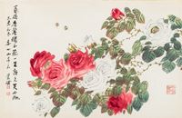 <b>A PAINTING ON PAPER WITH BLOOMING ROSE BRANCHES AND SUMMER BEES</b>