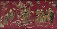 <b>AN EMBROIDERED TEXTILE WITH GOLD WRAPPED AND POLYCHROME SILK THREADS ON RED BROCADE DEPICTING A FIGURAL SCENE</b>