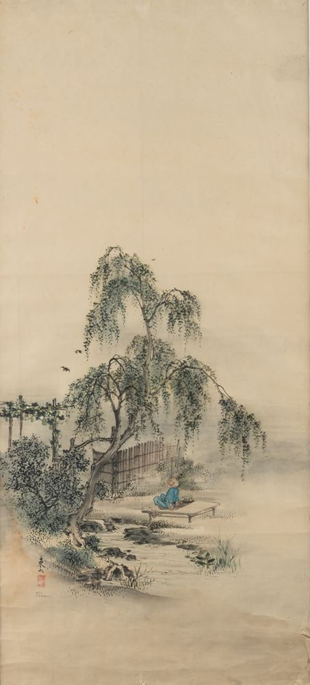 <b>A PAINTING OF A SCHOLAR SEATED ON A BENCH UNDERNEATH A TREE, INK AND COLOURS ON PAPER</b>