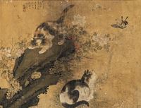<b>A PAINTING ON PAPER DEPICTING TWO PLAYING CATS AND BUTTERFLIES OVER BLOOMING PEONIES</b>