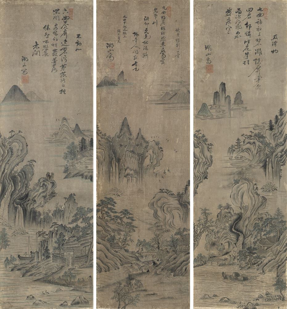 <b>A SET OF THREE MOUNTAINOUS LANDSCAPE PAINTINGS, INK AND COLOUR ON PAPER</b>
