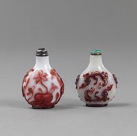 <b>TWO LOTUS AND DRAGON RED OVERLAY GLASS SNUFFBOTTLES</b>