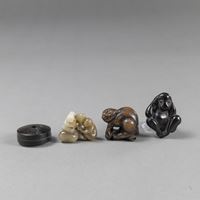 <b>TWO NETSUKE AND A MANJU TOGETHER WITH A JADE CARVING OF MONKEYS</b>
