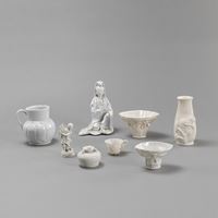 <b>SIX 'BLANC DE CHINE' WORKS, A MARBLE LINGZHI VASE, AND A SMALL GLASS WINE CUP</b>