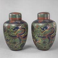 <b>TWO LARGE CLOISONNÉ COVERED VASES WITH DRAGON DECORATION</b>