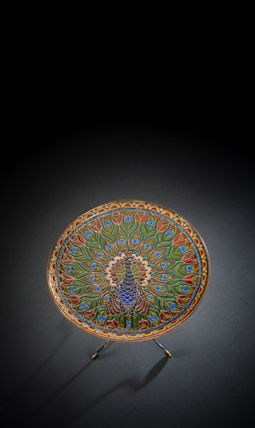 <b>AN EXCEPTIONAL SILVERGILT AND ENAMEL PEACOCK PATTERN FOOTED DISH</b>