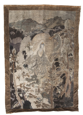<b>A SILK EMBROIDERED WALL HANGING WITH RYÛZU KANNON ON A DRAGON</b>