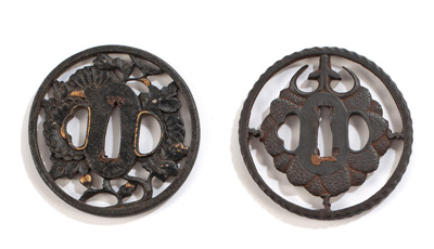 <b>TWO IRON SUKASHI-TSUBA DECORATED WITH CHRYSANTHEMUM FLOWERS AND CONES</b>