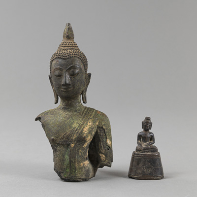 <b>A BRONZE TORSO OF A BUDDHA AND A SMALL BUDDHA STATUE</b>