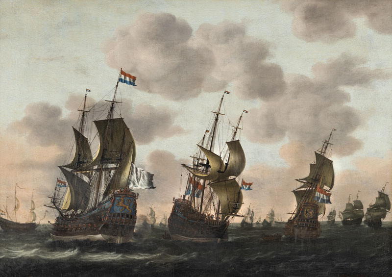 Holländische Kriegsschiffe und Ruderboote auf leicht bewegter See. Öl/Lwd., doubl., unten links monogrammiert, unten rechts später bezeichnet 