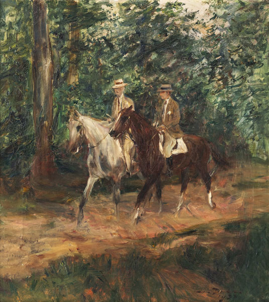 Two horsemen on a tree-lined avenue. Oil/canvas, signed and dated 1933 lower right.