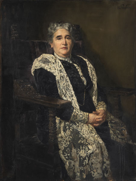 Portrait der Marie Reuther (gest. 1919), Frau des Dr. Karl Reuther,  Mitbegründer der Firma Bopp & Reuther, aus Mannheim in einem Lehnstuhl sitzend. Öl/Lwd., oben rechts signiert.