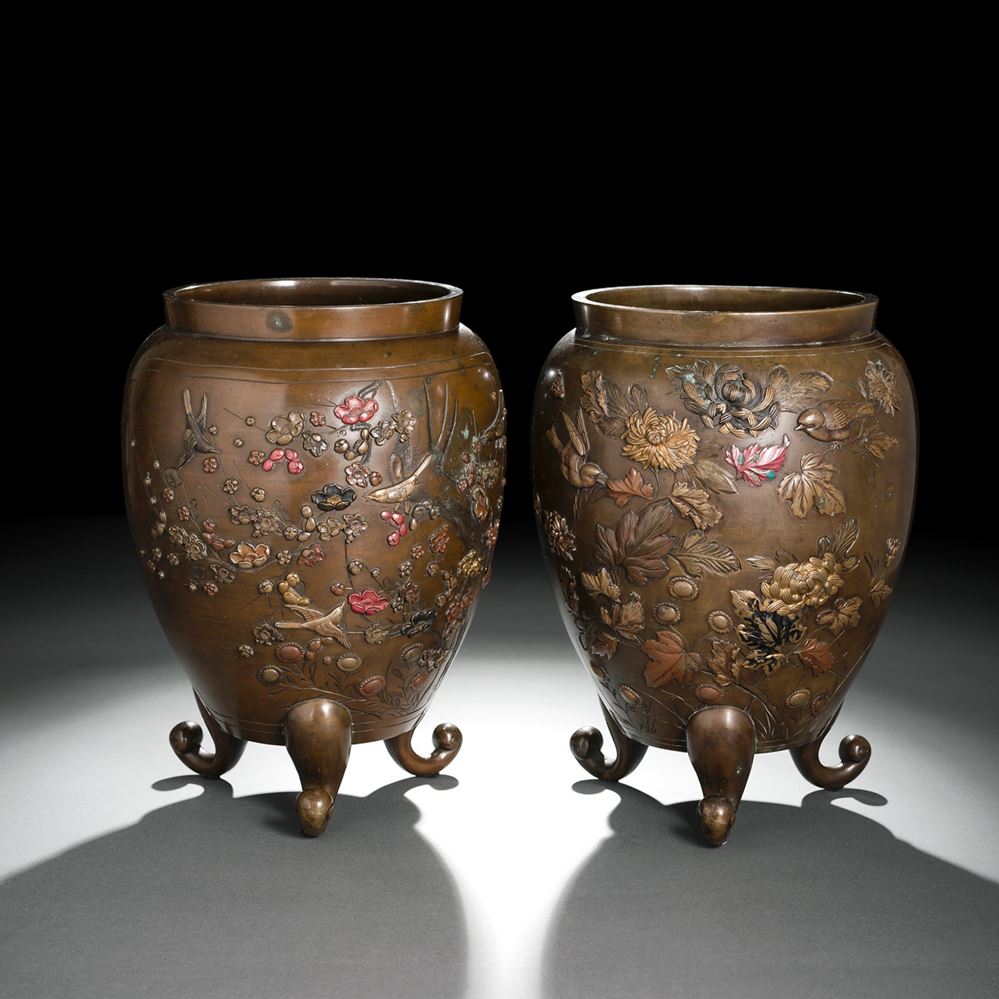 <b>A PAIR OF IROE-TAKAZOGAN FLOWER AND BIRD VASES ON THREE FEET</b>