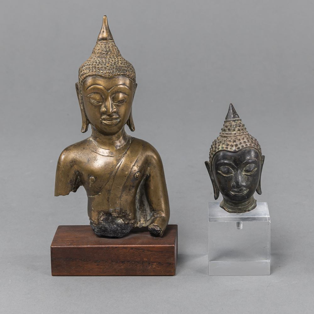 <b>A BRONZE TORSO FRAGMENT AND HEAD OF BUDDHA</b>