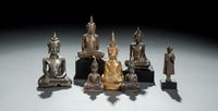 <b>SEVEN SILVER, SILVER FOIL, METAL OR WITH GOLD DECORATED FIGURES OF BUDDHA SHAKYAMUNI</b>
