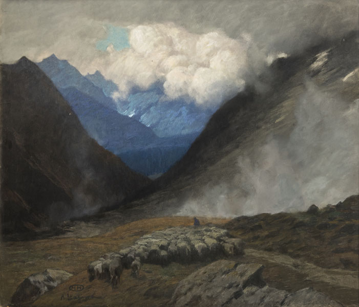 Flock of sheep in an alpine valley. Pastel/cardboard, signed lower left, verso old artist label with inscription.