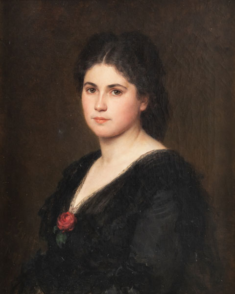Bust portrait of a young lady in a dark dress. Oil/canvas, signed and dated 1874.